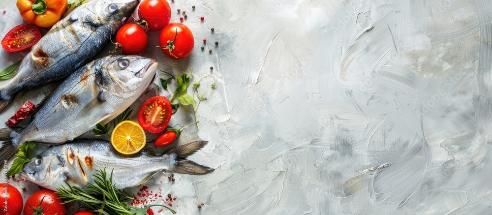 Poster various processed fish and vegetables are burned pastel background. with copy space image. place for
