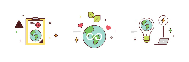 Circular economy and sustainable economic growth strategy, resources reuse, esg green energy industry set isolated on white background flat vector illustration.
