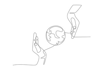 Hands protect the earth. World ozone day concept one-line drawing