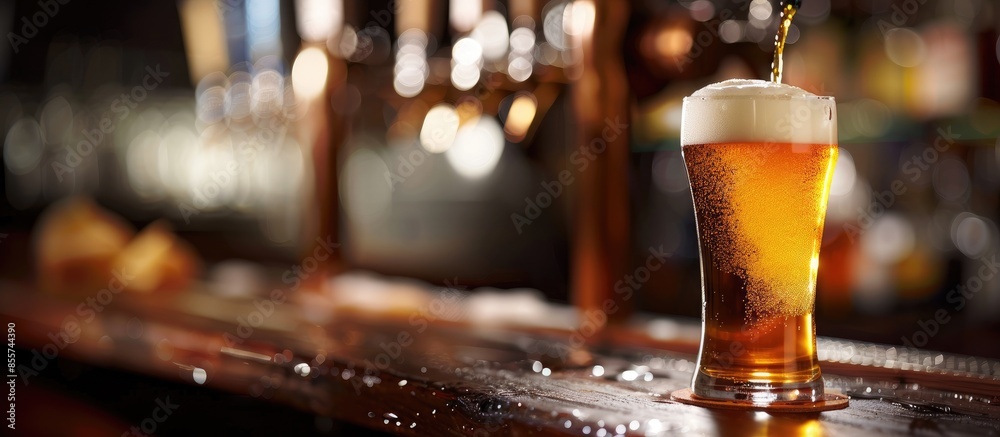 Poster beer pouring into glass in a bar. Copy space image. Place for adding text or design