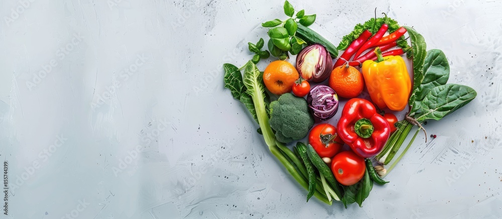 Poster heart shape by various vegetables and fruits. with copy space image. Place for adding text or design