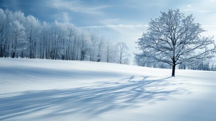 Fototapeta premium A lone tree stands in a snowy field, bathed in the soft light of a winter sun.