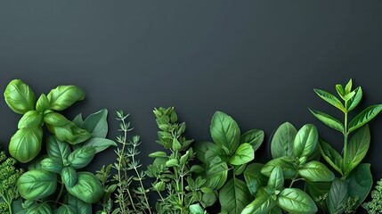 Green Herbs Border on a Dark Background