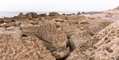 Beautiful rocky shore of the Caspian Sea.