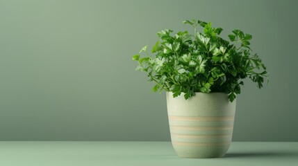Fresh parsley plant in a white pot on a green background.