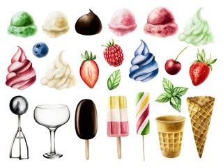 Scoops of strawberry, raspberry, mint, pistachio, apple, milk, chocolate, vanilla ice cream and crispy waffle cone, popsicle, glass bowl. Hand painting sweet watercolor illustration isolated on