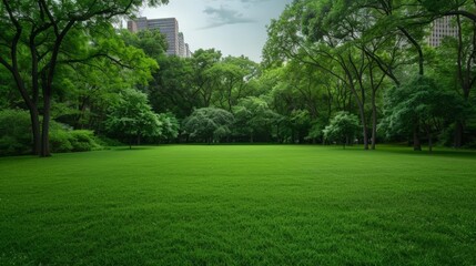 Obraz premium A lush green park with tall trees and a sprawling lawn.