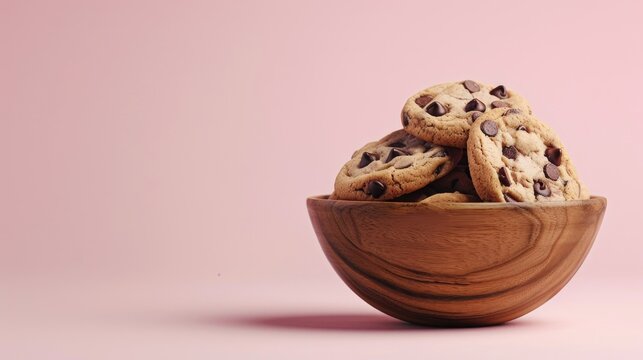 Close up photo of chocolate chip cookies on wooden bowl against pink background with copy space