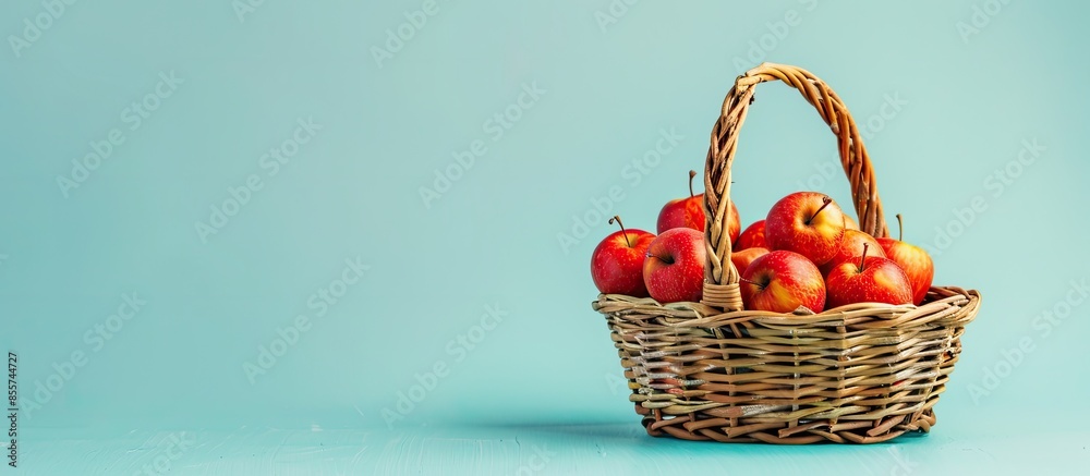 Poster Wicker basket with crab apples Isolated on pastel background. with copy space image. Place for adding text or design