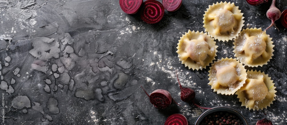 Wall mural three fresh homemade raw ravioli with red beet infilling. with copy space image. place for adding te