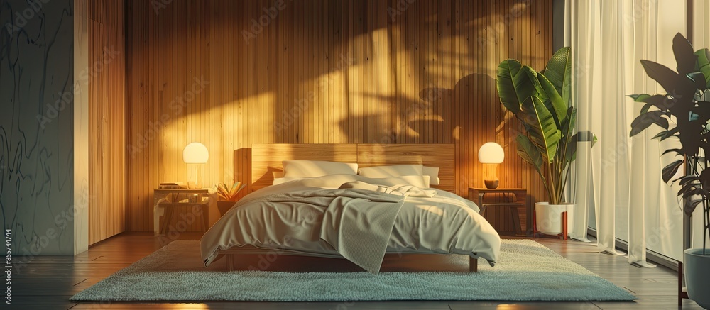 Poster Interior of cozy bedroom in modern design with craft floor lamp. with copy space image. Place for adding text or design