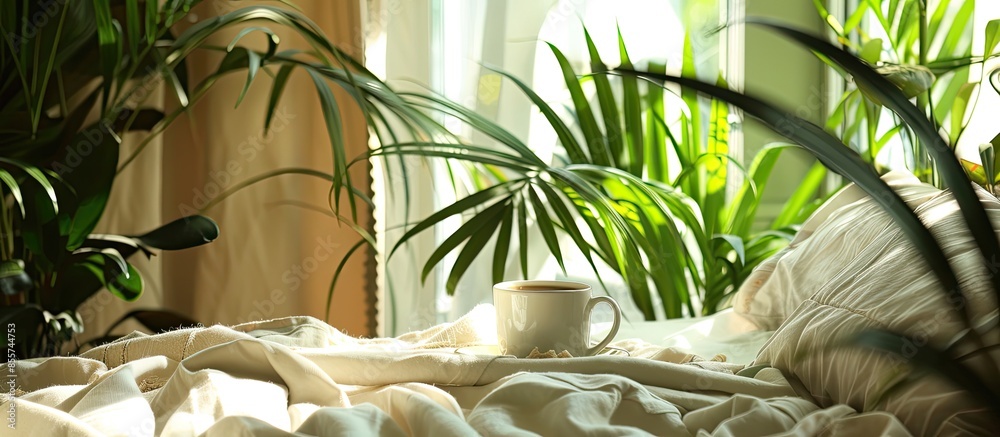 Poster cup of coffee on bed in room decorated with green plants. home design ideas. with copy space image. 