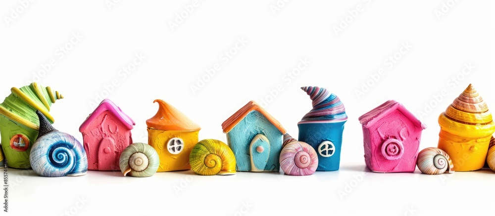 Poster colorful snail houses at white background. with copy space image. place for adding text or design