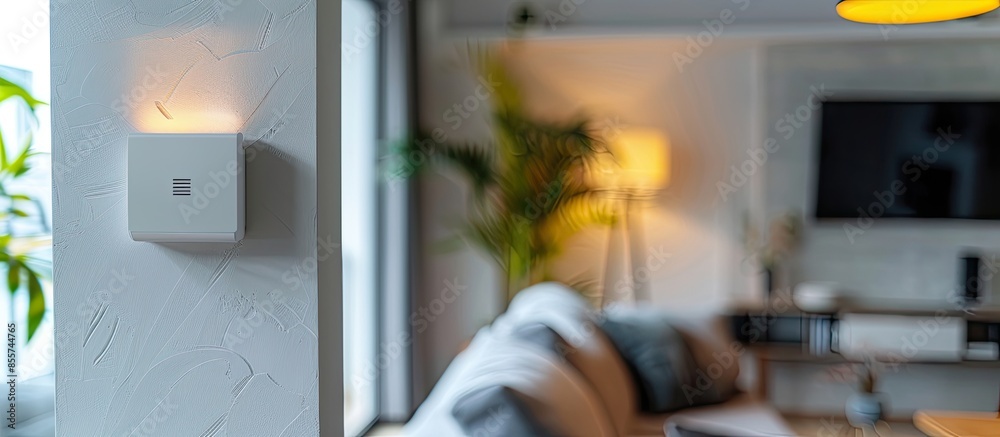 Aufkleber Close Up Object Shot of a Modern Movement Detector Unit on a White Wall in a Cozy Apartment in the Background. with copy space image. Place for adding text or design