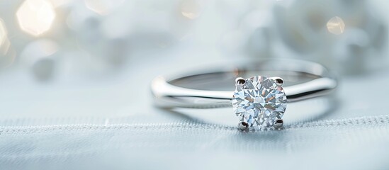 Single diamond ring on white. Copy space image. Place for adding text or design