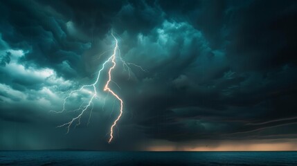 A powerful bolt of lightning strikes the ocean during a dramatic thunderstorm.