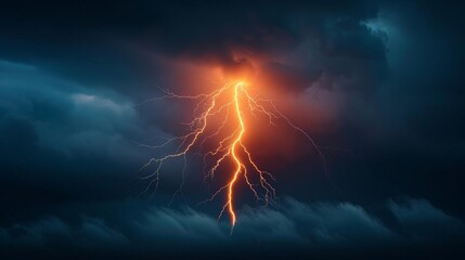 Dramatic lightning bolt striking through dark storm clouds.