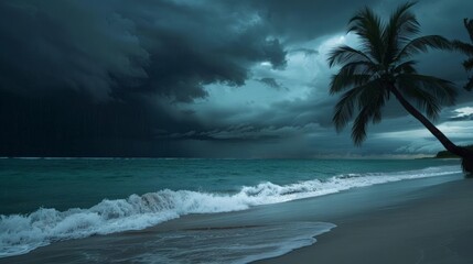 Dramatic storm clouds gather over a tropical beach with a lone palm tree.