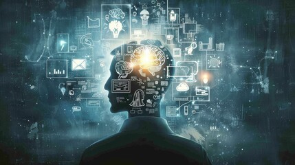 Concept of Artificial Intelligence with Gears on Human head. Networks Design Concep with Icons on background