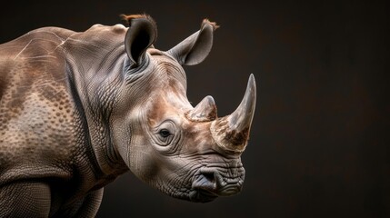 Naklejka premium Close-up portrait of a rhinoceros with a dark background.