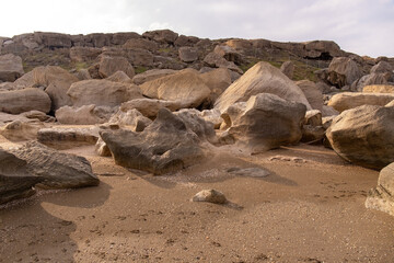 Beautiful rocky shore of the Caspian Sea.