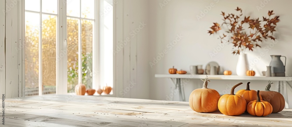 Aufkleber interior of modern dining room with fresh pumpkins and table. with copy space image. place for addin