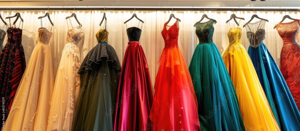 Poster different women's dresses on the rails in the store. luxury and wedding shopping. with copy space im