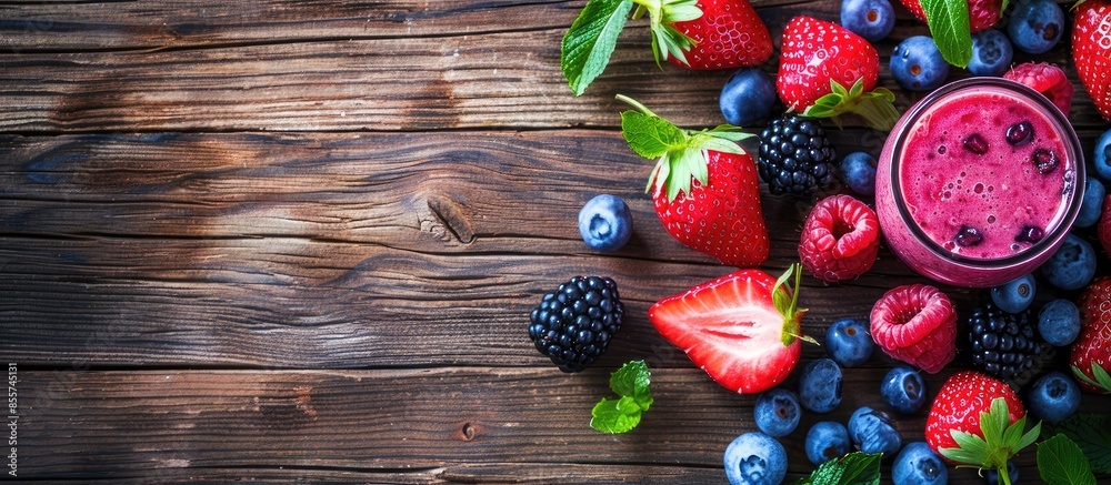 Fototapete berry smoothie on rustic wooden background. copy space image. place for adding text or design
