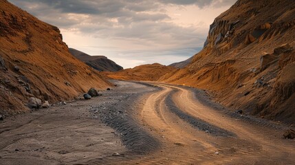 A winding dirt road cuts through a desolate landscape of rocky mountains under a dramatic sky.