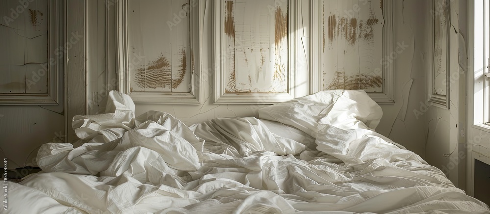 Poster Untidy bed, ruffled sheets. with copy space image. Place for adding text or design