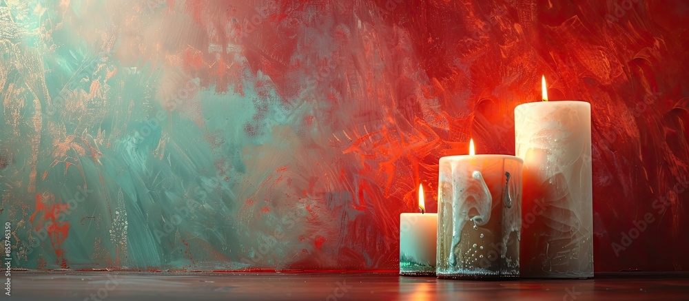 Poster Burning candles on table near color wall. with copy space image. Place for adding text or design