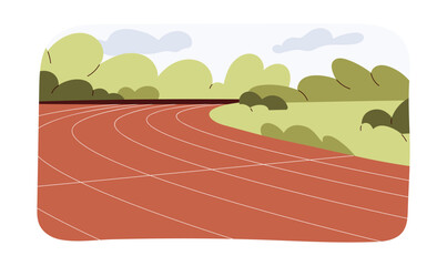 Red running track for athletic and various sports competitions, running line positions from one to six, racing track for runners and athletes, red running track in stadium flat vector illustration.
