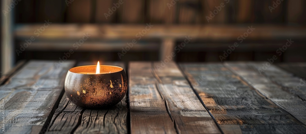 Poster close-up of a cozy candle inside a metal holder on a wooden table. with copy space image. place for 