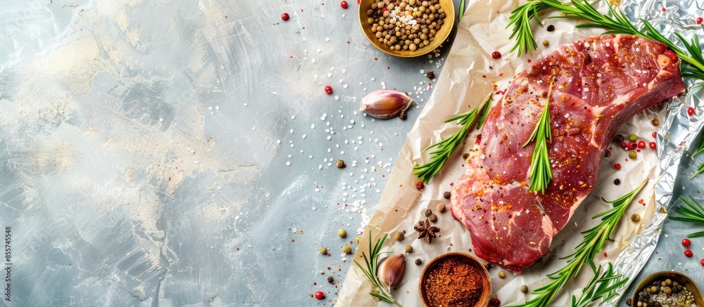 Fototapete raw meat with spices and rosemary for baking on foil pastel background. with copy space image. place