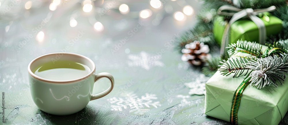 Poster christmas table with cup of green tea and gifts. pastel background. with copy space image. place for