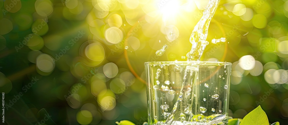 Poster drink water pouring in to glass over sunlight and natural green background. with copy space image. p