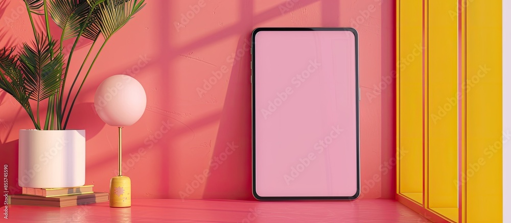 Poster Smart home devices controlled by a smart phone. Blank screen mockup. Colorful background. with copy space image. Place for adding text or design
