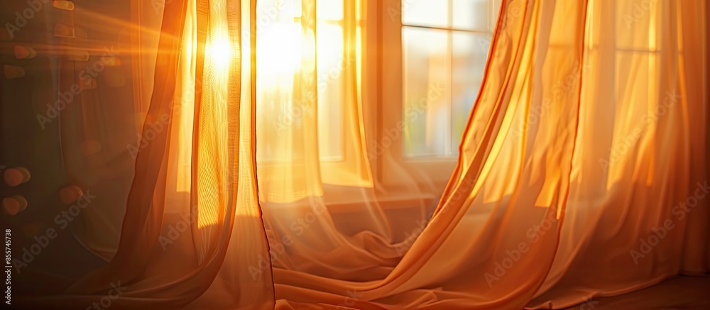 Poster beige roll curtain in the room illuminated by orange rays of the morning sun close up. with copy spa