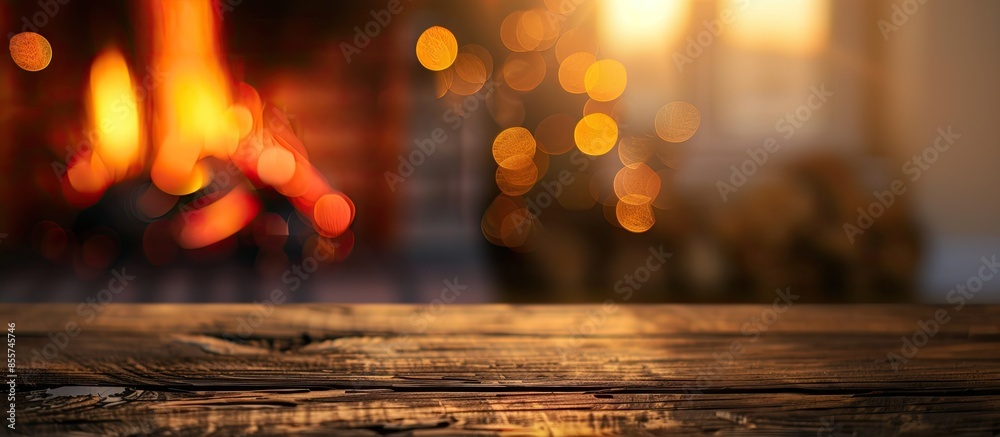 Poster Table background of free space and blurred background of fireplace in home interior.Copy space for your decoration and warm orange light.Valentine's Day background.
