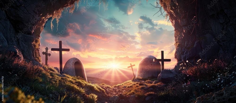 Poster open tomb at sunrise with grave clothes and three crosses - resurrection of jesus christ. with copy 