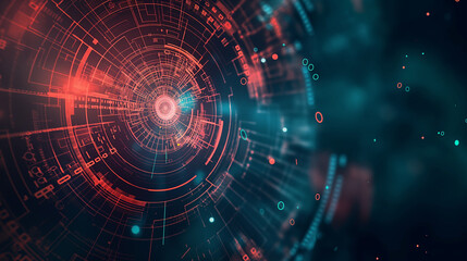 An abstract digital tunnel with a central focal point, surrounded by circular tech elements