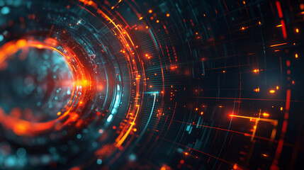 Obraz premium A vibrant digital tunnel illustration featuring red lights and abstract tech patterns
