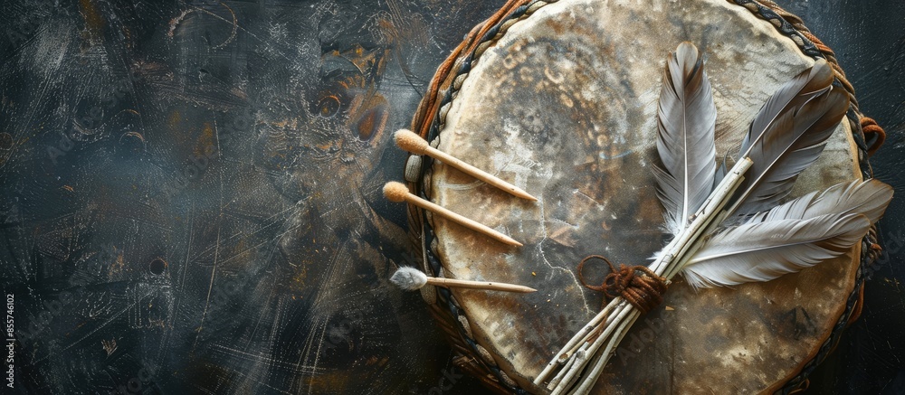 Poster A top view image of a handmade leather meditation drum with sacred feather and sage smudge sticks. with copy space image. Place for adding text or design