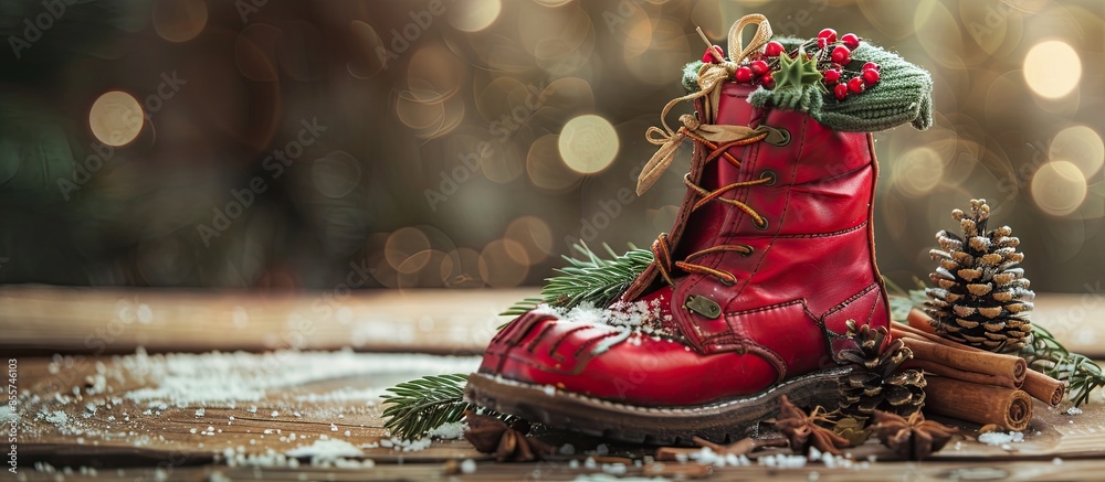 Poster Red boot with Christmas gifts inside decorated with cones ,cinnamon and twigs of pine. with copy space image. Place for adding text or design