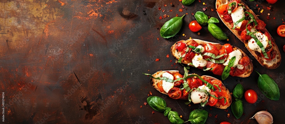 Aufkleber bruschetta with roasted tomatoes, mozzarella cheese, garlic and basil. copy space image. place for a