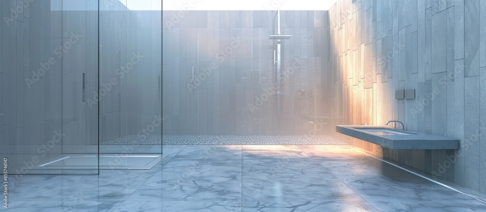 Poster Modern tile and glass shower. with copy space image. Place for adding text or design