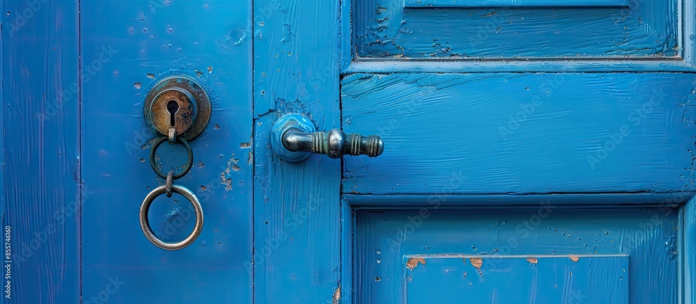 Poster metal handle and keyhole of blue entrance door. with copy space image. place for adding text or desi