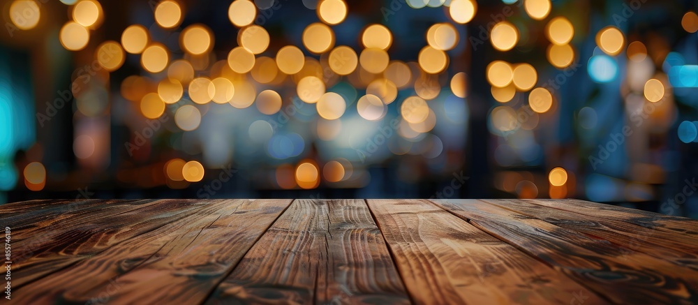 Aufkleber Empty wooden table top with lights bokeh on blur restaurant background. with copy space image. Place for adding text or design