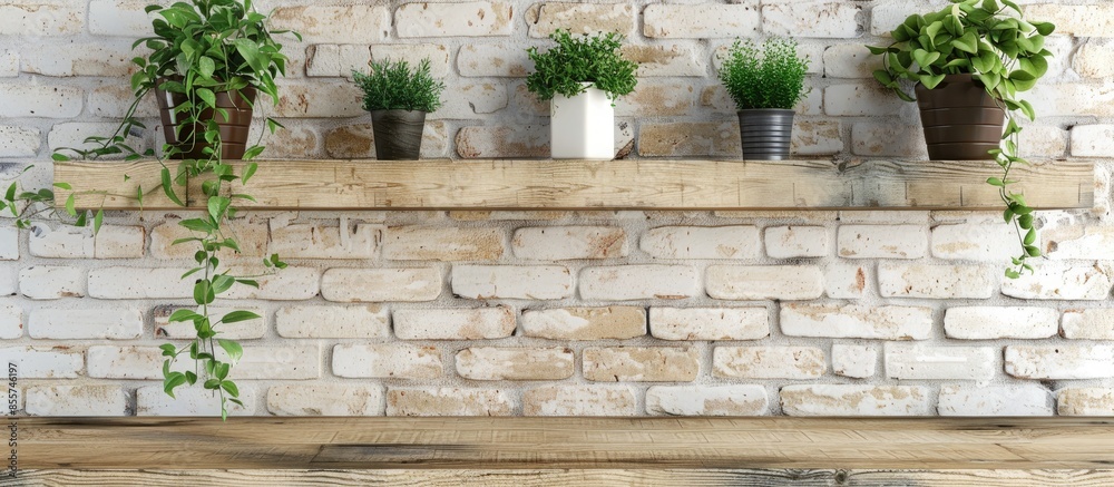 Poster nicely decorated shelf against brick wall. with copy space image. place for adding text or design