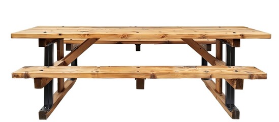 Standard table with benches on either side of the table isolated on white background. This has clipping path. with copy space image. Place for adding text or design